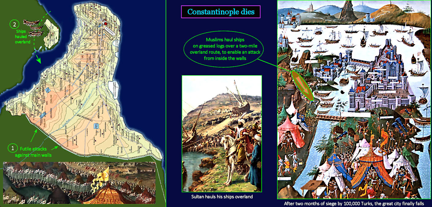 Turks sack Constantinople, 1400s map
